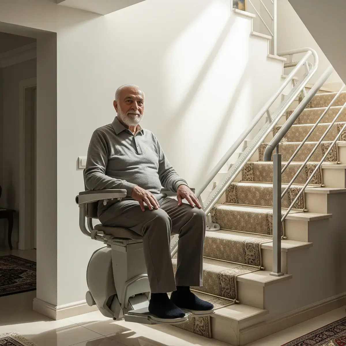 Elderly Iranian man with knee pain using a stairlift at home, showing safe and independent living with reduced joint pressure.